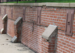 Rusted wall plate anchors in a retaining wall repair in New Tecumseth.