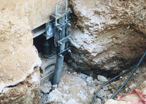 a bent, failed foundation push pier installed in Brampton.